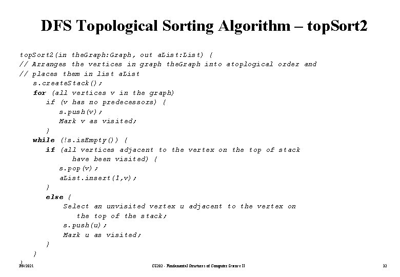 DFS Topological Sorting Algorithm – top. Sort 2(in the. Graph: Graph, out a. List: