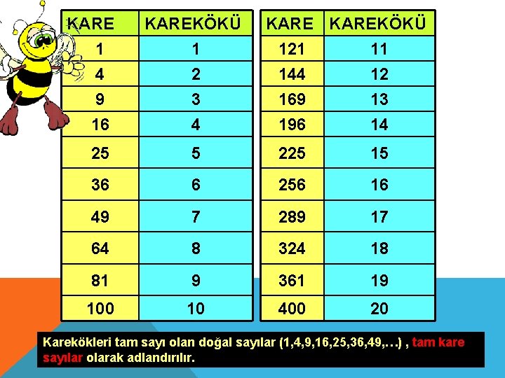 KARE 1 KAREKÖKÜ 121 11 4 9 2 3 144 169 12 13 16