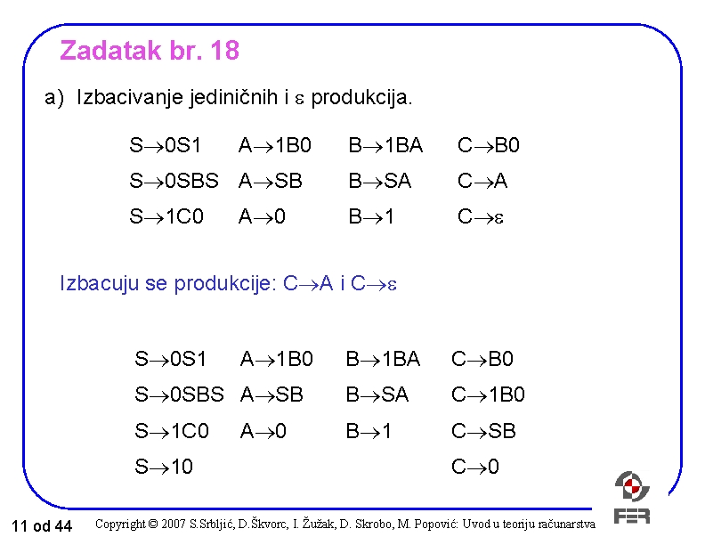 Zadatak br. 18 a) Izbacivanje jediničnih i produkcija. S 0 S 1 A 1 Zadatak br. 18 a) Izbacivanje jediničnih i produkcija. S 0 S 1 A 1