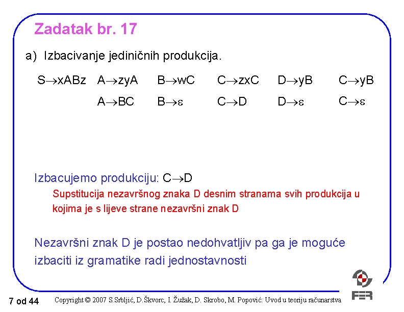 Zadatak br. 17 a) Izbacivanje jediničnih produkcija. S x. ABz A zy. A A Zadatak br. 17 a) Izbacivanje jediničnih produkcija. S x. ABz A zy. A A