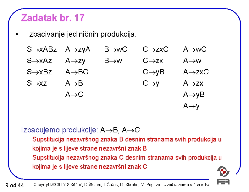 Zadatak br. 17 • Izbacivanje jediničnih produkcija. S x. ABz S x. Az S Zadatak br. 17 • Izbacivanje jediničnih produkcija. S x. ABz S x. Az S