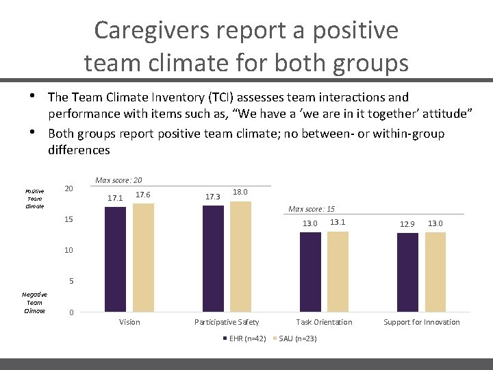 Caregivers report a positive team climate for both groups • • Positive Team Climate