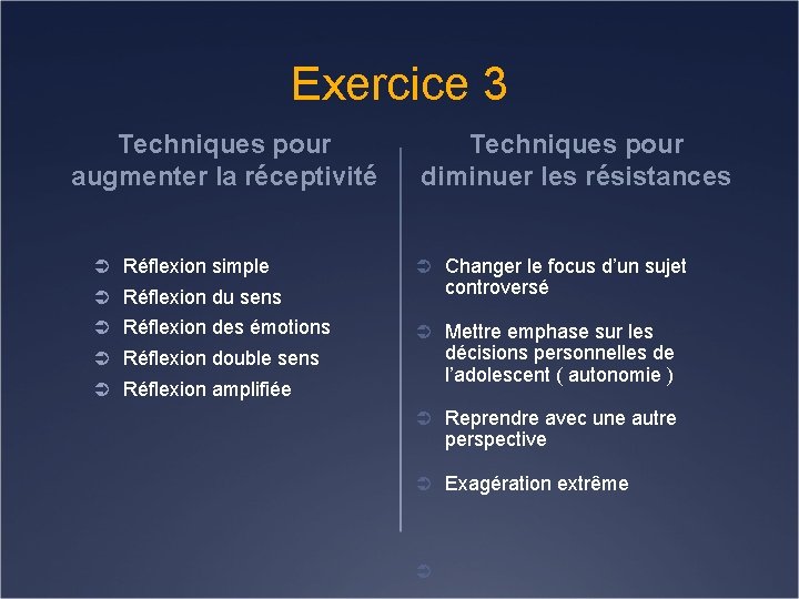 Exercice 3 Techniques pour augmenter la réceptivité Ü Réflexion simple Ü Réflexion du sens