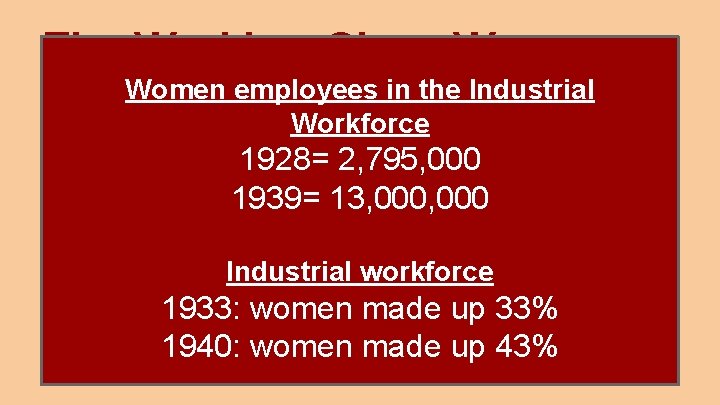 The Working-Class Woman Women employees in the Industrial 1926: Family code introduced SOCIALISM Workforce