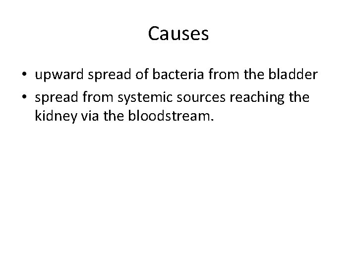 Causes • upward spread of bacteria from the bladder • spread from systemic sources