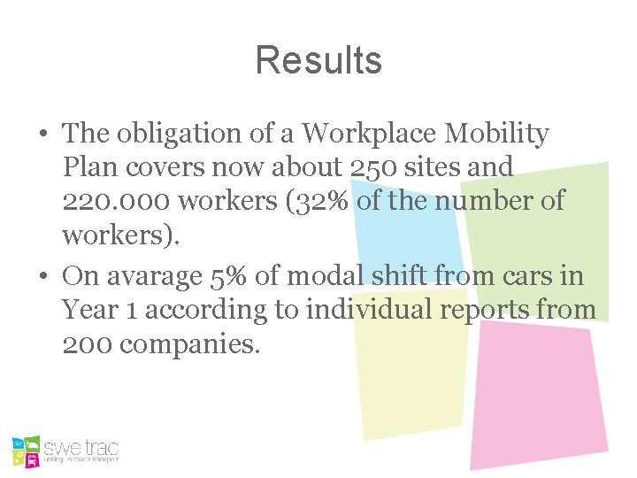 Results • The obligation of a Workplace Mobility Plan covers now about 250 sites