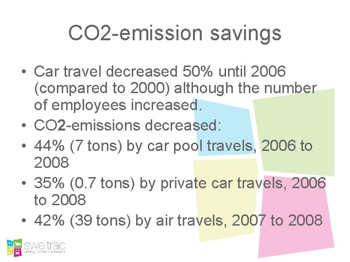 CO 2 -emission savings • Car travel decreased 50% until 2006 (compared to 2000)
