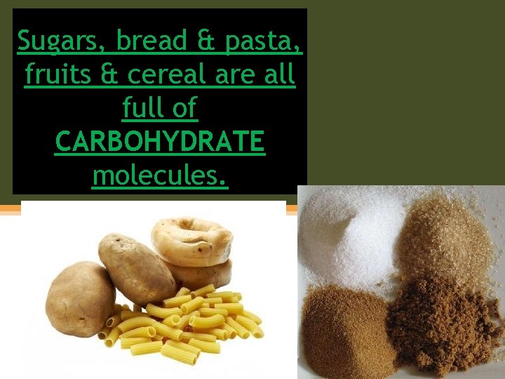 Sugars, bread & pasta, fruits & cereal are all full of CARBOHYDRATE molecules. 