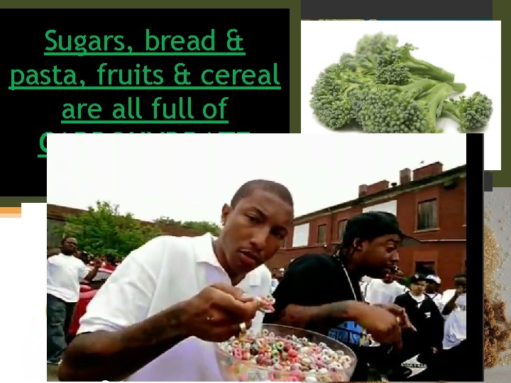 Sugars, bread & pasta, fruits & cereal are all full of CARBOHYDRATE molecules. 