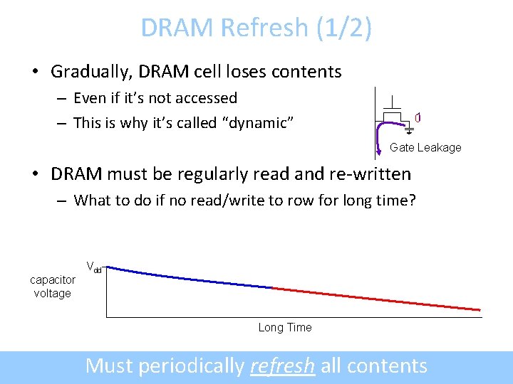 DRAM Refresh (1/2) • Gradually, DRAM cell loses contents – Even if it’s not