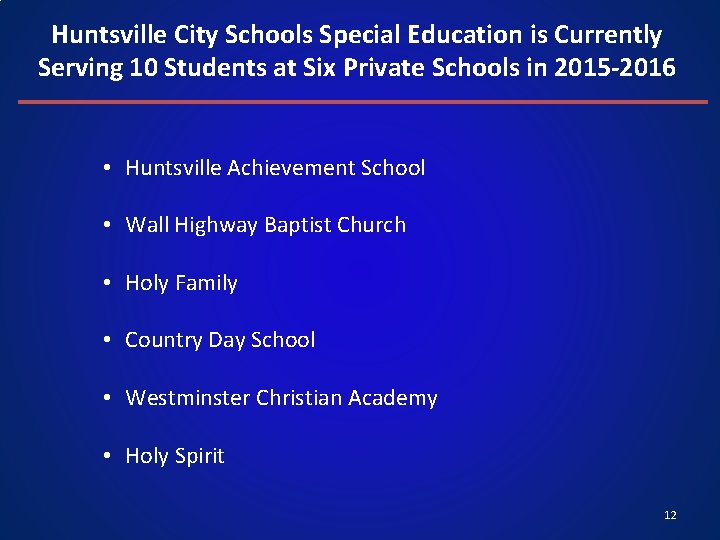 Huntsville City Schools Special Education is Currently Serving 10 Students at Six Private Schools