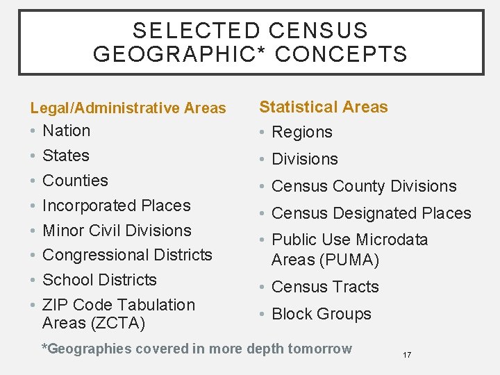 SELECTED CENSUS GEOGRAPHIC* CONCEPTS Legal/Administrative Areas Statistical Areas • • • Regions Nation States
