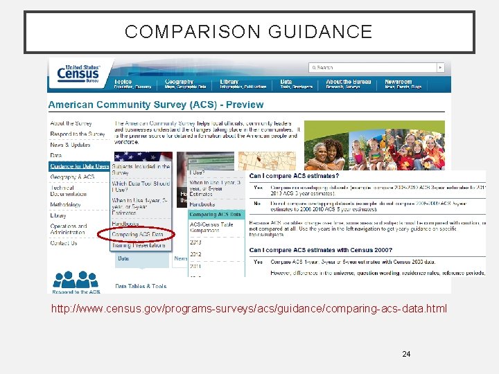 COMPARISON GUIDANCE http: //www. census. gov/programs-surveys/acs/guidance/comparing-acs-data. html 24 