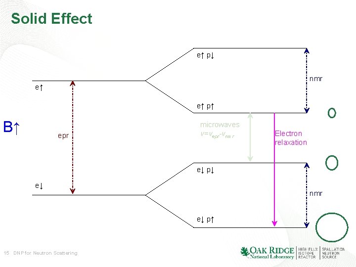 Solid Effect e↑ p↓ nmr e↑ e↑ p↑ B↑ epr microwaves ν=νepr-νnmr Electron relaxation Solid Effect e↑ p↓ nmr e↑ e↑ p↑ B↑ epr microwaves ν=νepr-νnmr Electron relaxation