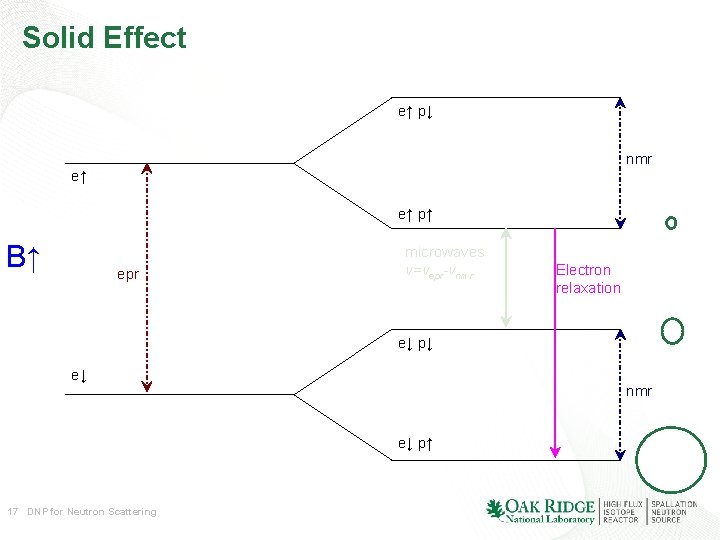 Solid Effect e↑ p↓ nmr e↑ e↑ p↑ B↑ epr microwaves ν=νepr-νnmr Electron relaxation Solid Effect e↑ p↓ nmr e↑ e↑ p↑ B↑ epr microwaves ν=νepr-νnmr Electron relaxation
