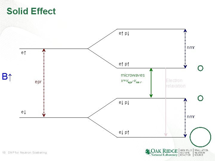 Solid Effect e↑ p↓ nmr e↑ e↑ p↑ B↑ epr microwaves ν=νepr-νnmr Electron relaxation Solid Effect e↑ p↓ nmr e↑ e↑ p↑ B↑ epr microwaves ν=νepr-νnmr Electron relaxation