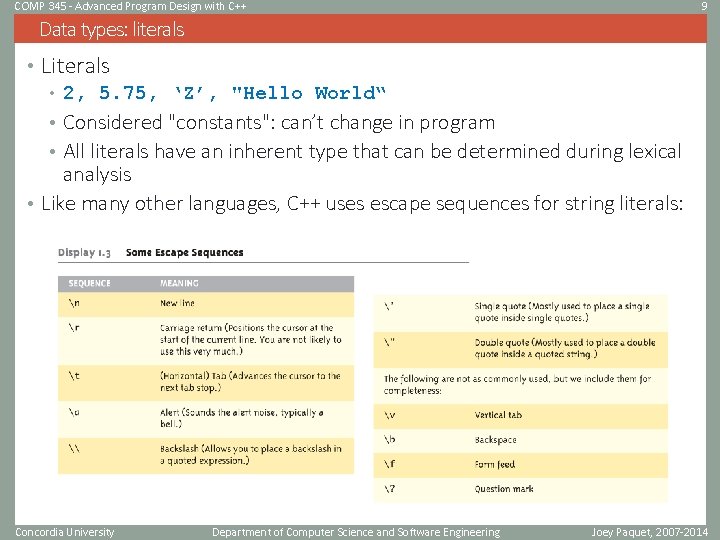COMP 345 - Advanced Program Design with C++ 9 Data types: literals • Literals COMP 345 - Advanced Program Design with C++ 9 Data types: literals • Literals