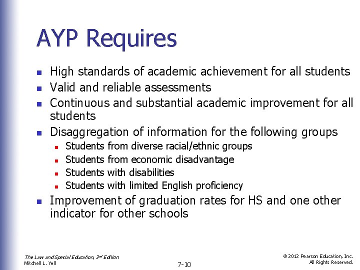 AYP Requires n n High standards of academic achievement for all students Valid and