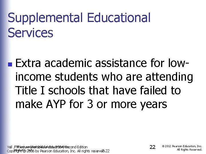 Supplemental Educational Services n Extra academic assistance for lowincome students who are attending Title