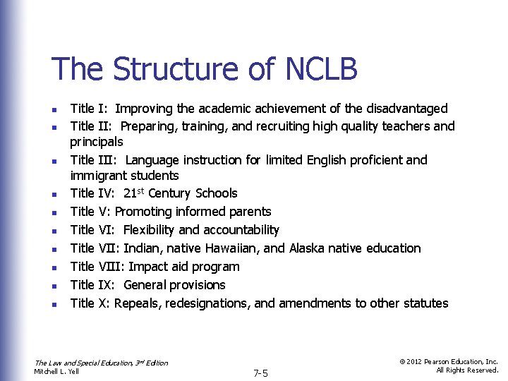 The Structure of NCLB n n n n n Title I: Improving the academic