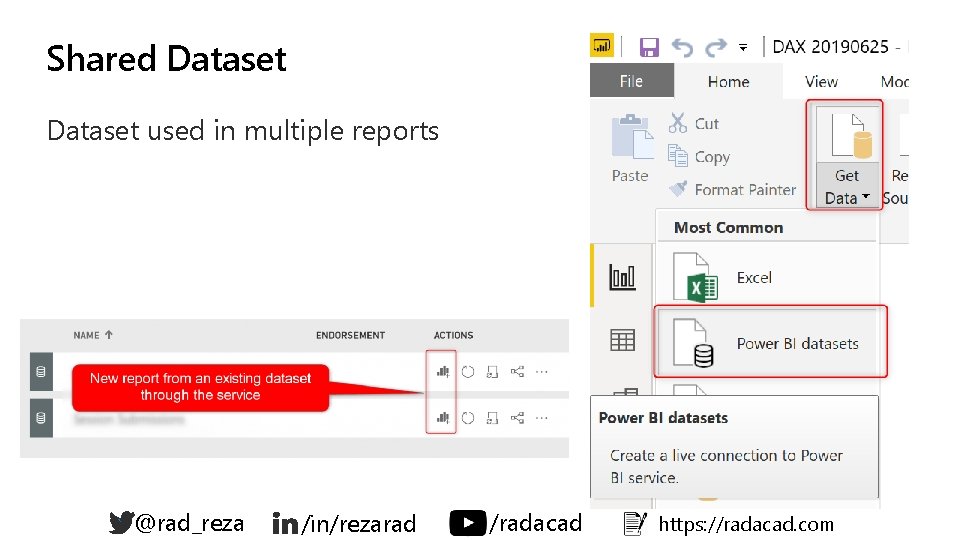 Shared Dataset used in multiple reports ` @rad_reza /in/rezarad /radacad https: //radacad. com Shared Dataset used in multiple reports ` @rad_reza /in/rezarad /radacad https: //radacad. com