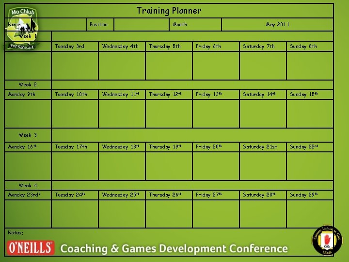 Training Planner Name Position Month May 2011 Week 1 Monday 2 nd Tuesday 3