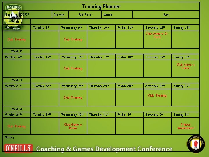 Training Planner Name ? ? ? Position Mid Field Month May Week 1 Monday