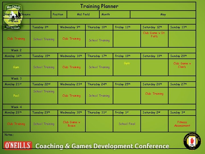 Training Planner Name Shauna Position Mid Field Month May Week 1 Monday 7 th