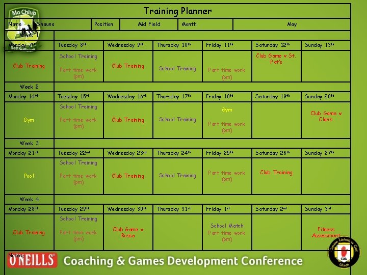 Training Planner Name Shauna Position Mid Field Month May Week 1 Monday 7 th