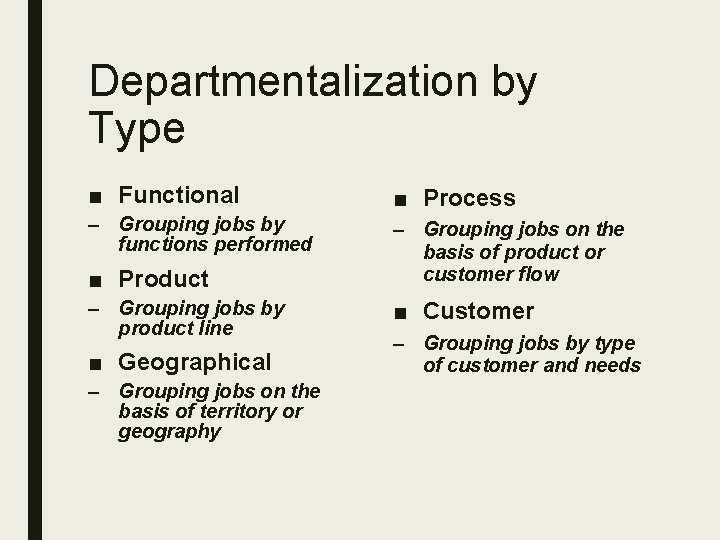 Departmentalization by Type ■ Functional ■ Process – Grouping jobs by functions performed –