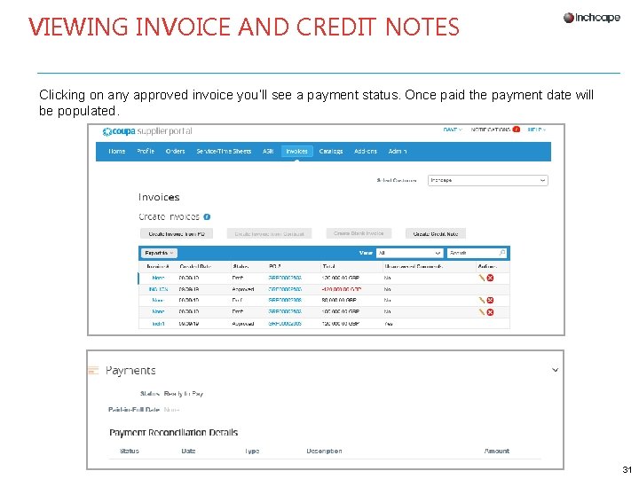 VIEWING INVOICE AND CREDIT NOTES Clicking on any approved invoice you’ll see a payment