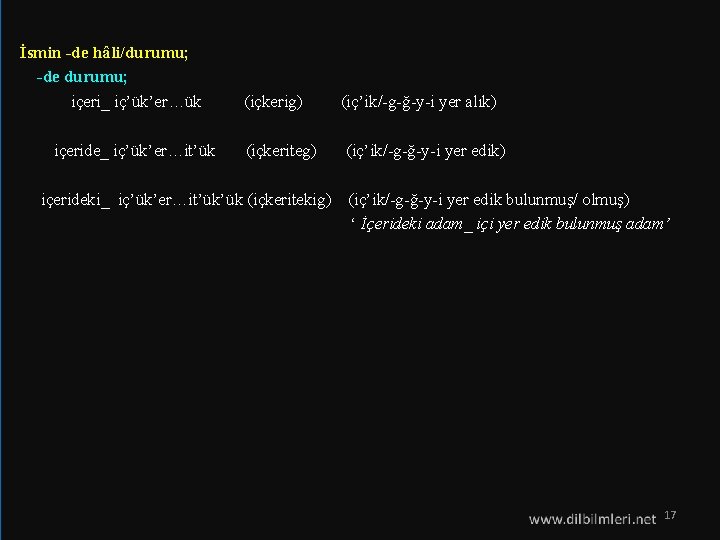 İsmin -de hâli/durumu; -de durumu; içeri_ iç’ük’er…ük (içkerig) (iç’ik/-g-ğ-y-i yer alık) içeride_ iç’ük’er…it’ük İsmin -de hâli/durumu; -de durumu; içeri_ iç’ük’er…ük (içkerig) (iç’ik/-g-ğ-y-i yer alık) içeride_ iç’ük’er…it’ük