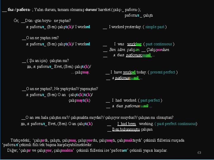 __ бы-/ pабота- ; Yalın durum, tamam olmamış durum/ hareket (çalış-_ pабота-); работал _