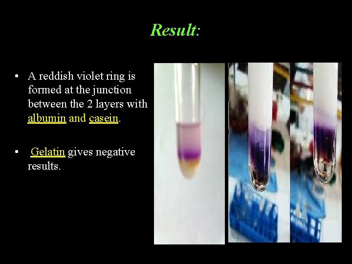 Result: • A reddish violet ring is formed at the junction between the 2 Result: • A reddish violet ring is formed at the junction between the 2