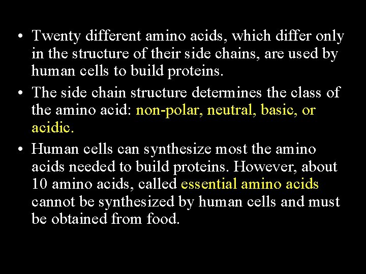 • Twenty different amino acids, which differ only in the structure of their • Twenty different amino acids, which differ only in the structure of their