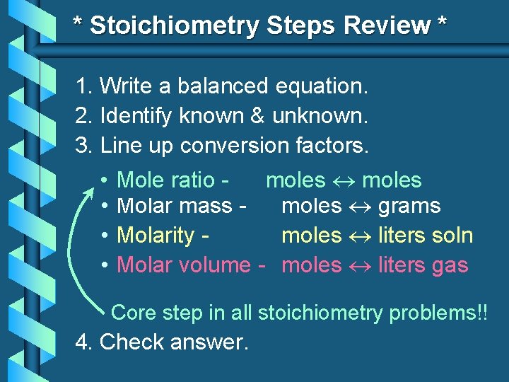 * Stoichiometry Steps Review * 1. Write a balanced equation. 2. Identify known &