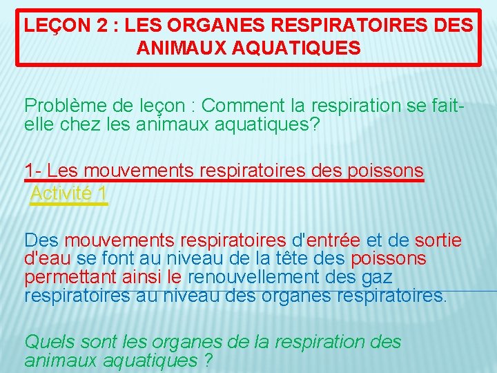 LEÇON 2 : LES ORGANES RESPIRATOIRES DES ANIMAUX AQUATIQUES Problème de leçon : Comment