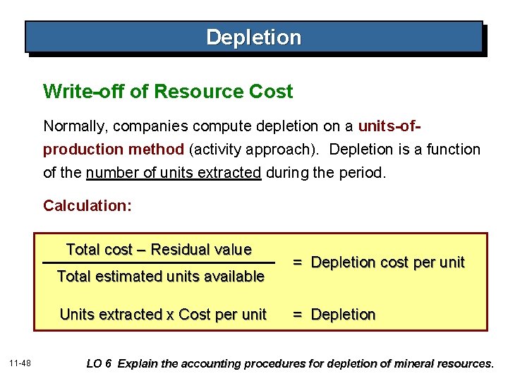 Depletion Write-off of Resource Cost Normally, companies compute depletion on a units-ofproduction method (activity