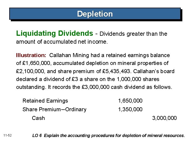 Depletion Liquidating Dividends - Dividends greater than the amount of accumulated net income. Illustration: