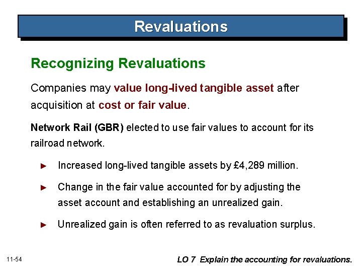 Revaluations Recognizing Revaluations Companies may value long-lived tangible asset after acquisition at cost or