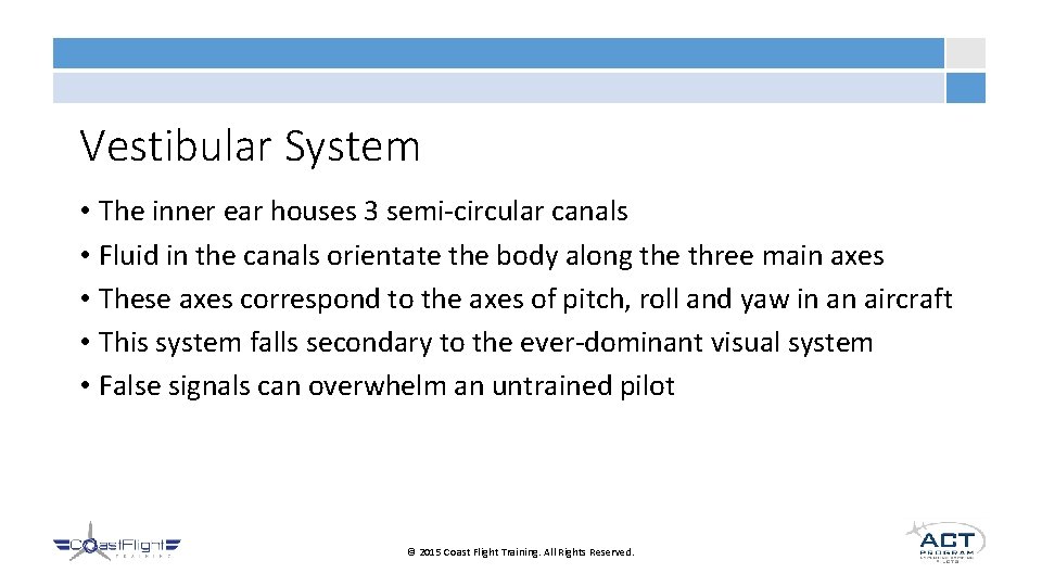 Vestibular System • The inner ear houses 3 semi-circular canals • Fluid in the