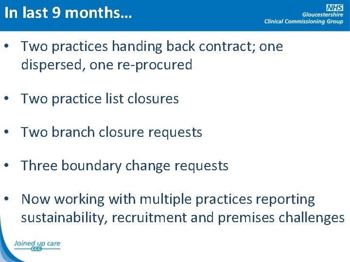 In last 9 months… • Two practices handing back contract; one dispersed, one re-procured