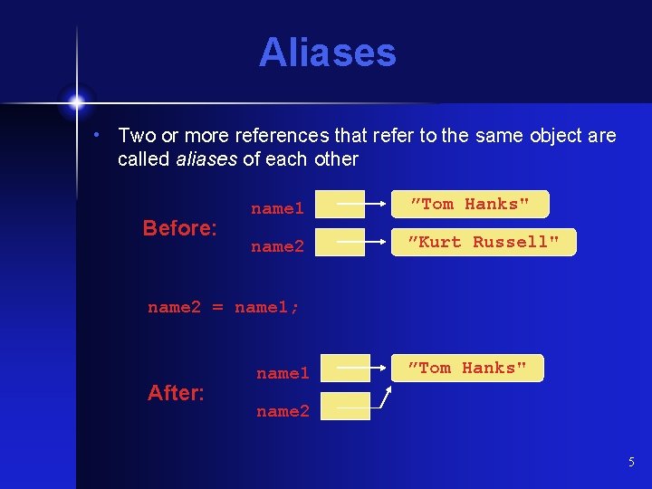 Aliases • Two or more references that refer to the same object are called