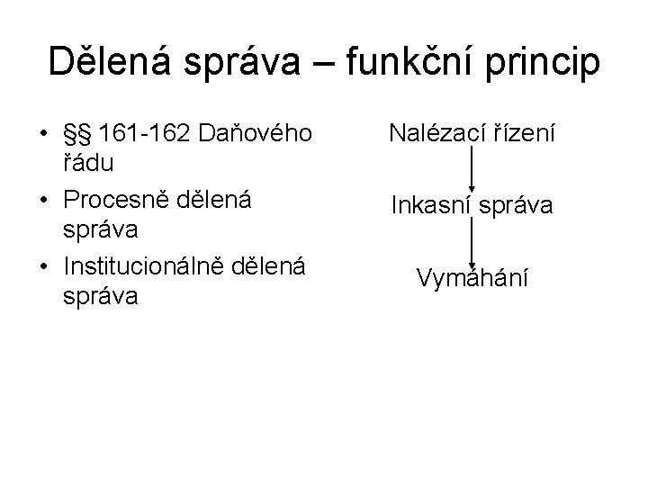 Dělená správa – funkční princip • §§ 161 -162 Daňového řádu • Procesně dělená