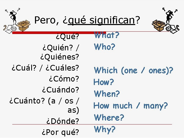 Pero, ¿qué significan? ¿Qué? ¿Quién? / ¿Quiénes? ¿Cuál? / ¿Cuáles? ¿Cómo? ¿Cuándo? ¿Cuánto? (a Pero, ¿qué significan? ¿Qué? ¿Quién? / ¿Quiénes? ¿Cuál? / ¿Cuáles? ¿Cómo? ¿Cuándo? ¿Cuánto? (a
