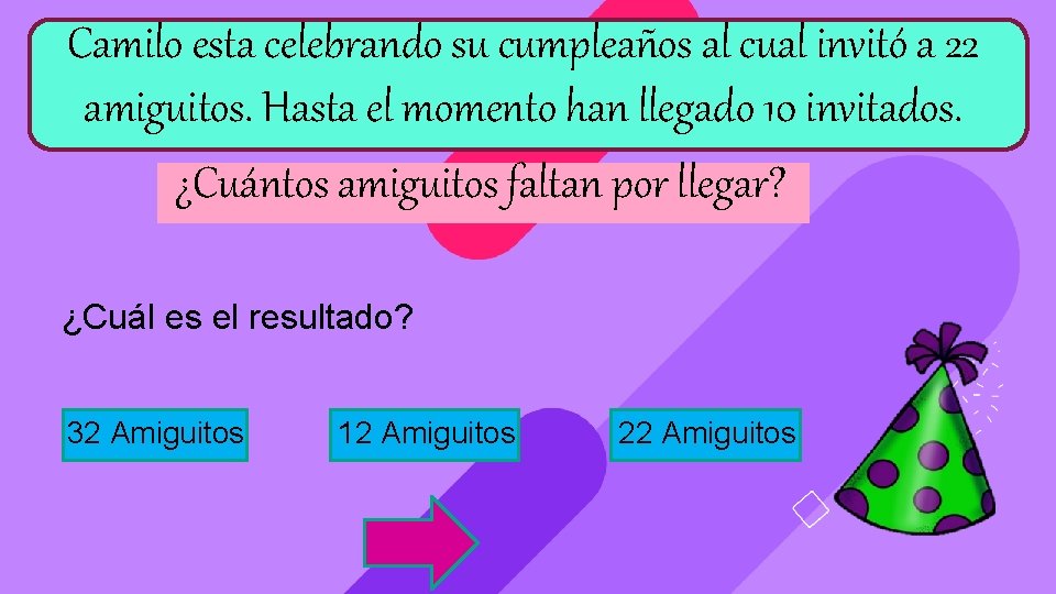 Camilo esta celebrando su cumpleaños al cual invitó a 22 amiguitos. Hasta el momento