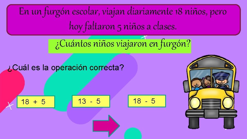 En un furgón escolar, viajan diariamente 18 niños, pero hoy faltaron 5 niños a