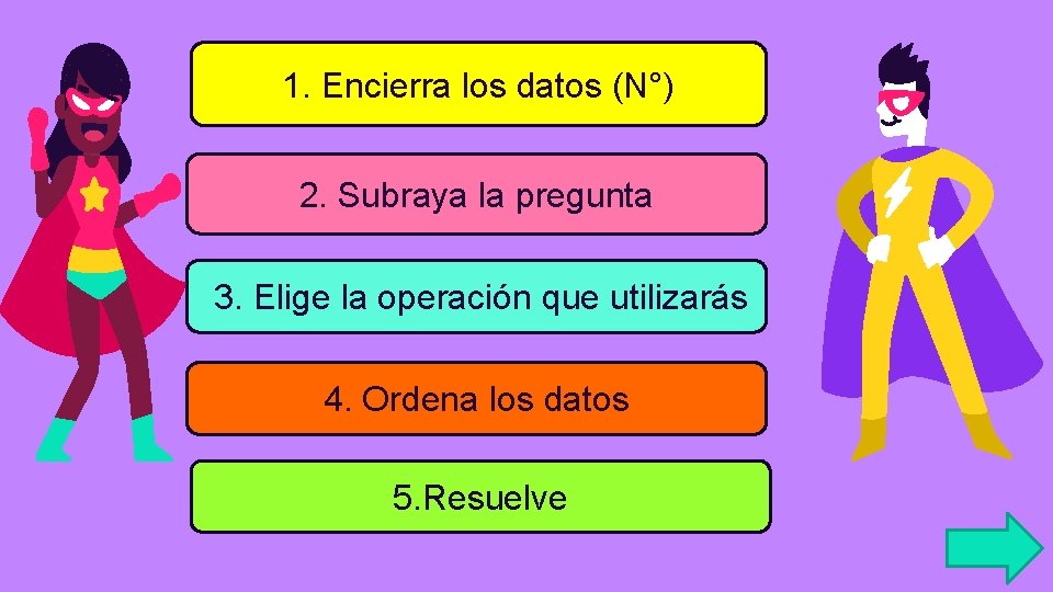 1. Encierra los datos (N°) 2. Subraya la pregunta 3. Elige la operación que