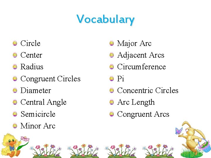 Vocabulary Circle Center Radius Congruent Circles Diameter Central Angle Semicircle Minor Arc Major Arc