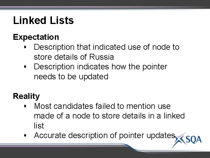 Linked Lists Expectation s Description that indicated use of node to store details of